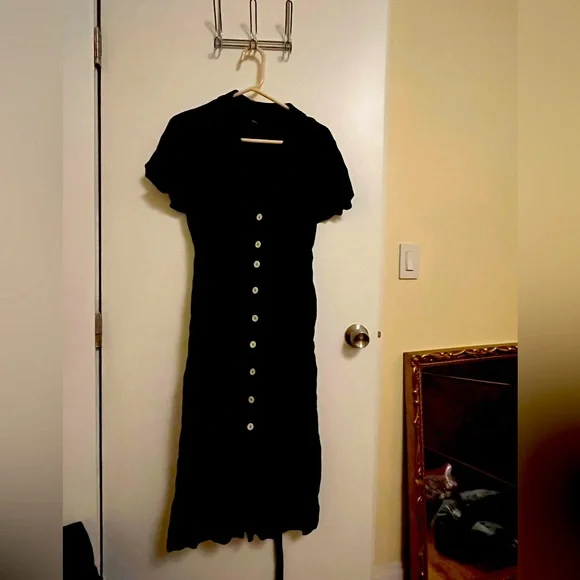 Quince Women's Black Linen Button Front Dress sz L Midi A-Line Short Sleeve PO - Picture 1 of 3